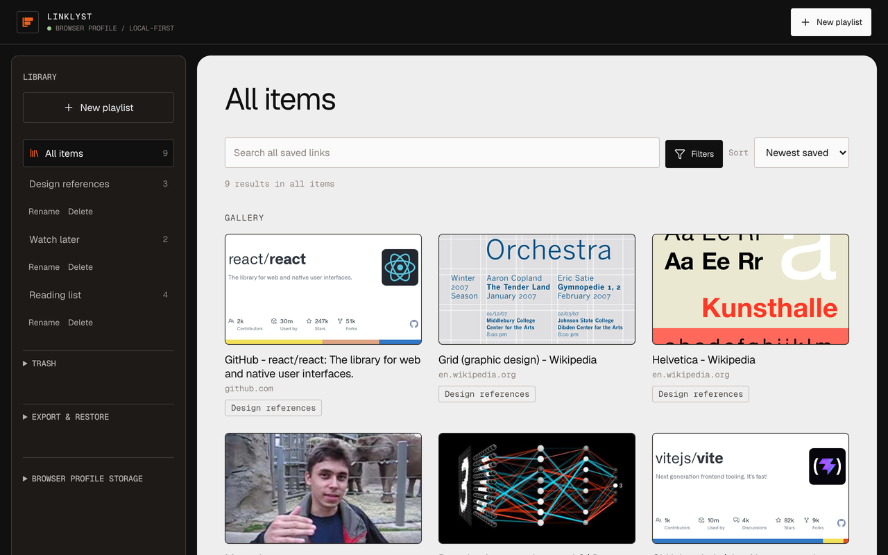 The LinkLyst gallery showing saved pages as a grid of preview images with titles and domains, grouped into playlists.