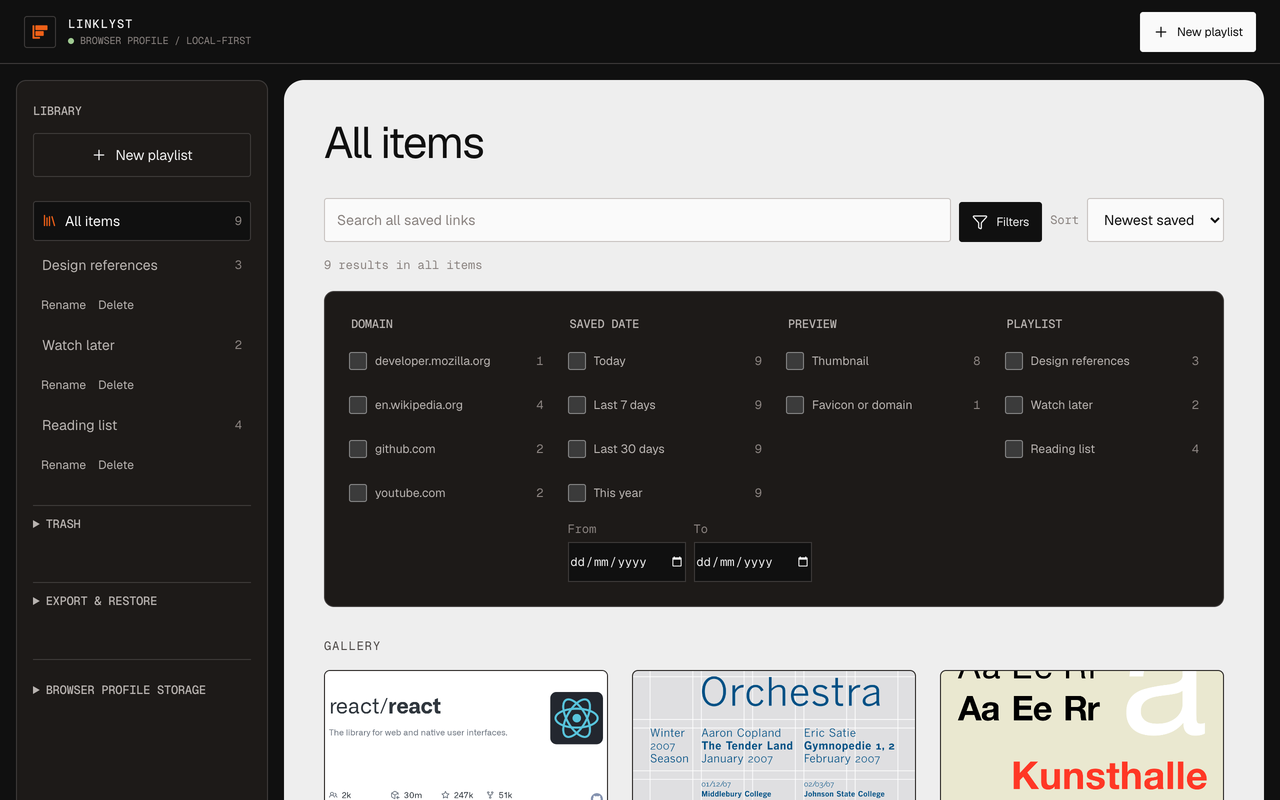 The LinkLyst filter panel offering domain, saved date, preview state, and playlist facets.