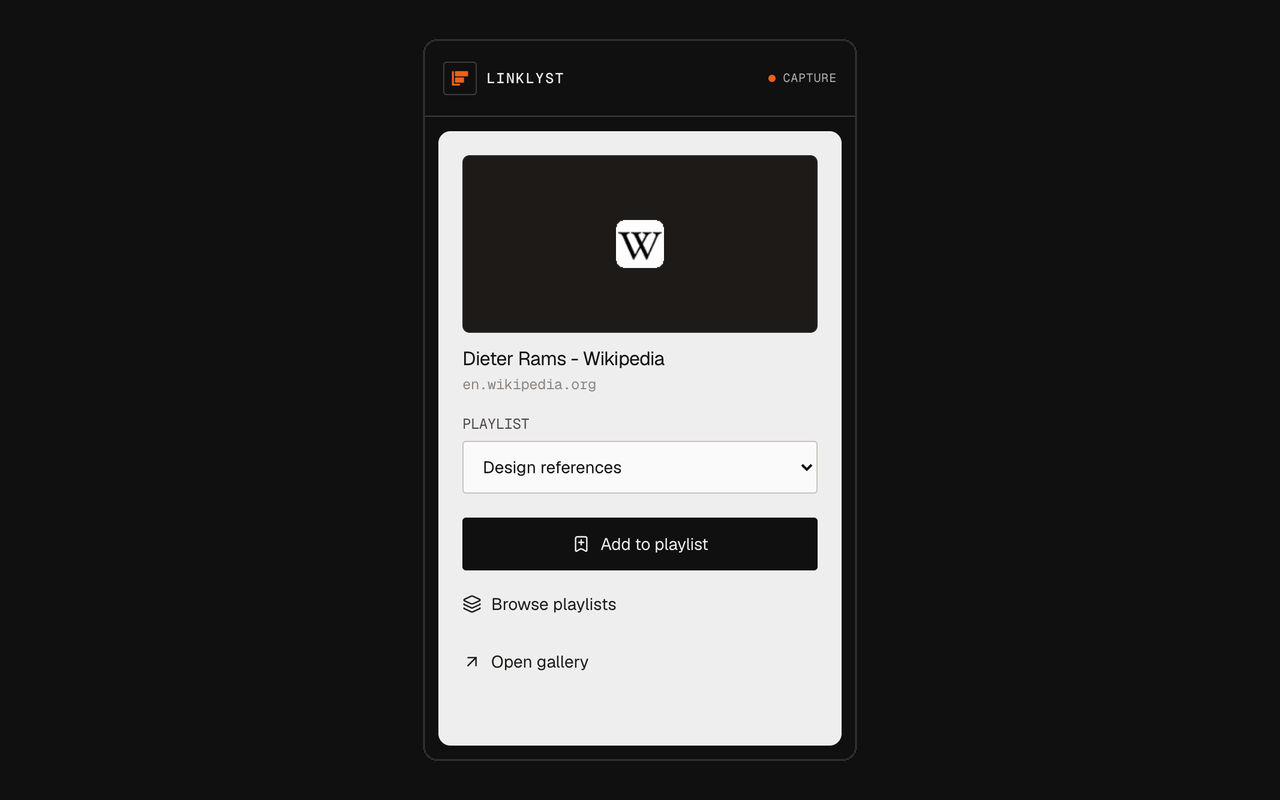 The LinkLyst toolbar popup showing the current page ready to save, with a list of playlists to file it under.