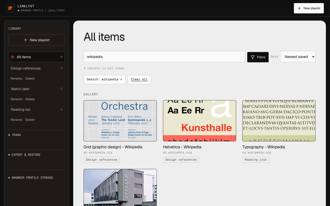 The LinkLyst gallery with a search term entered, showing matching saved links and a live result count.